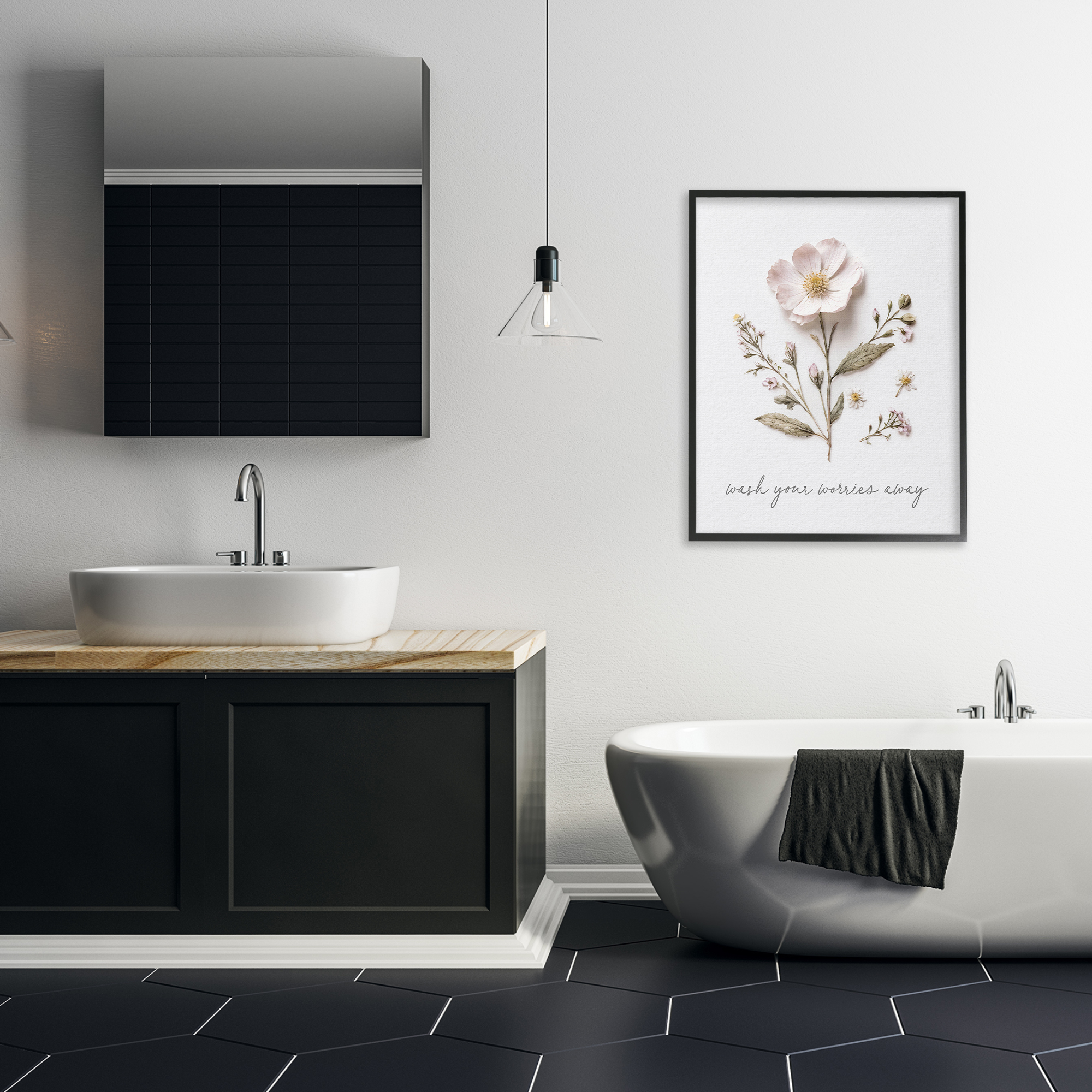 Pressed Flower Wash Worries Away Black Framed Giclee Art, design by Lettered and Lined