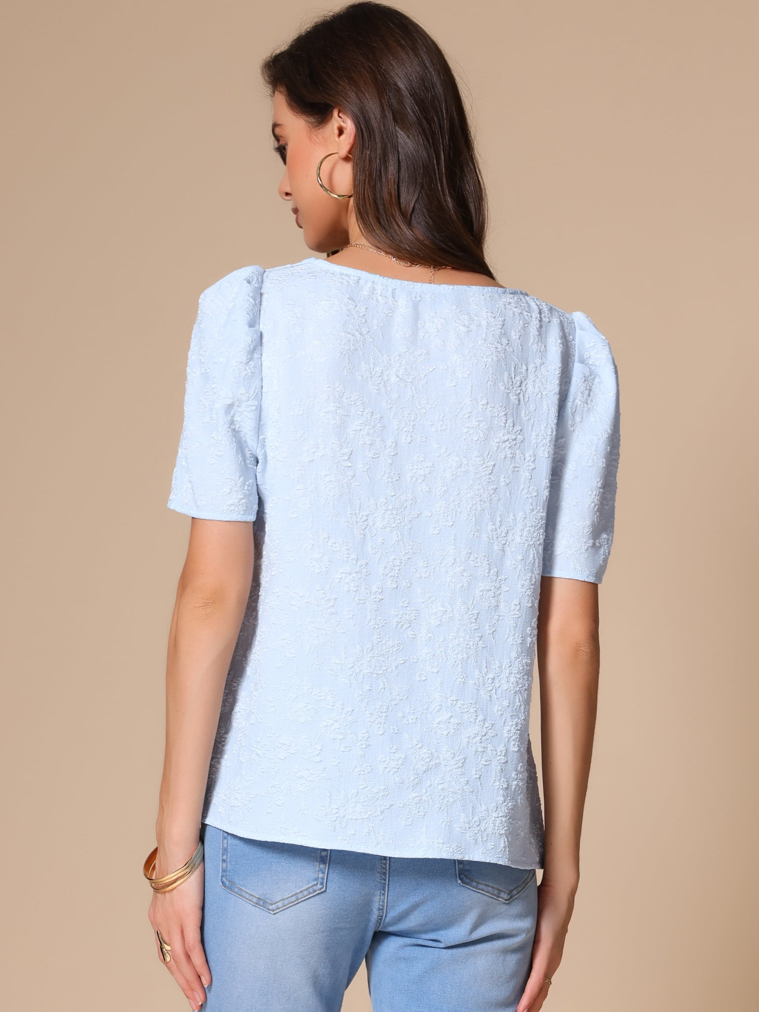 DARING DIVA Women's Embroidery Short Puff Sleeve Casual Blouse S Blue