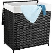 Arlopu Rattan Wicker Laundry Hamper with Lid, Collapsible Divided Clothes Hamper Laundry Basket with Linen Liner