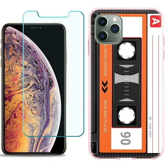 For Apple iPhone 11 PRO Case, Slim-Fit TPU Protective Phone Case (Pink Bezel) with Tempered Glass Screen Protector, by OneToughShield ® - Cassette Orange