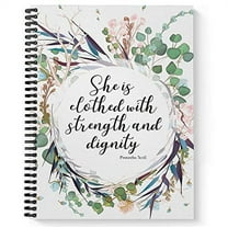 Softcover Clothed with Strength 8.5" x 11" Religious Spiral Notebook/Journal, 120 College Ruled Pages, Durable Gloss Laminated Cover, Black Wire-o Spiral. Made in The USA