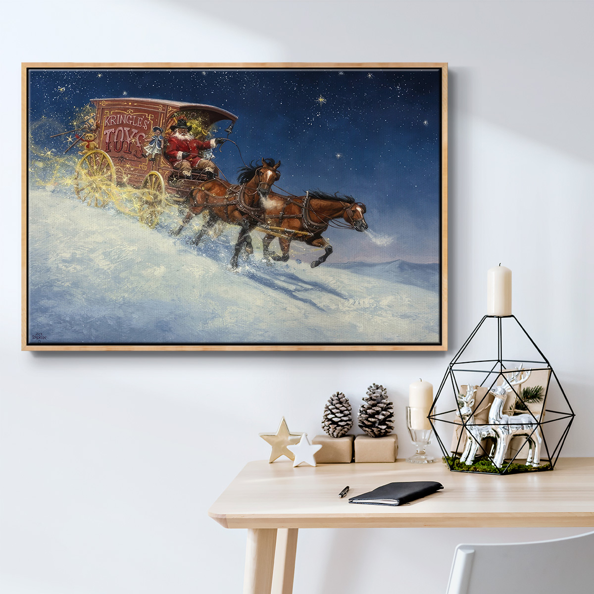 Nick of Time - Framed Gallery Wrapped Holiday Canvas - 17 x 25 - Natural Wood Frame