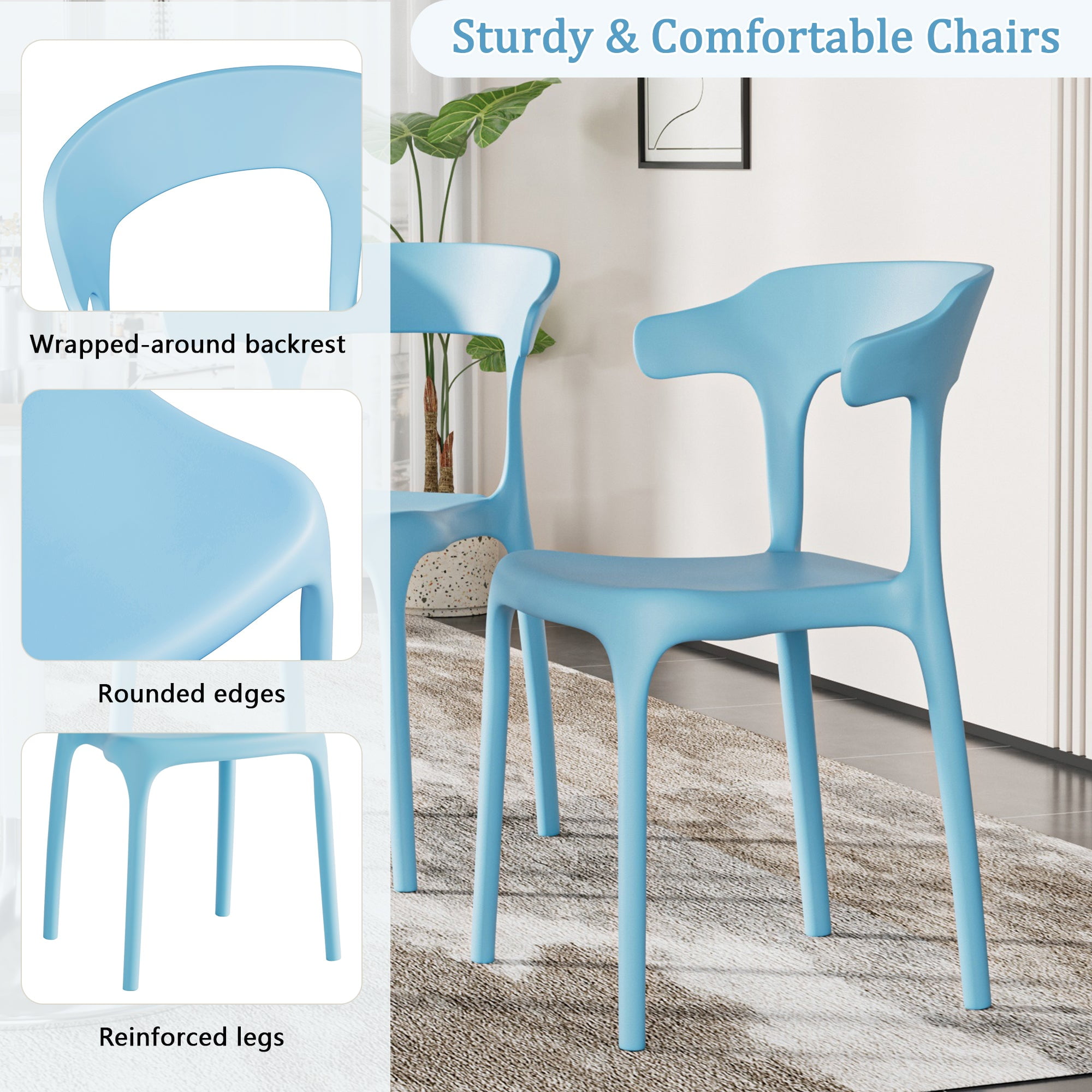 VECELO Stackable Patio Dining Chair Set of 4, Outdoor/Indoor Dining Chairs for Restaurant, Poolside and Garden, No Assembly, Blue