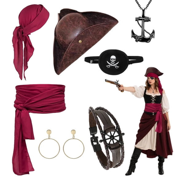 Alaiyaky 7 Pcs Pirate Accessories Set, Adult Captain Costume, Pirate Headscarf,Hat,Waist Belt,Earrings,Eye Patch,Necklace,Bracelet for Halloween Cosplay Party