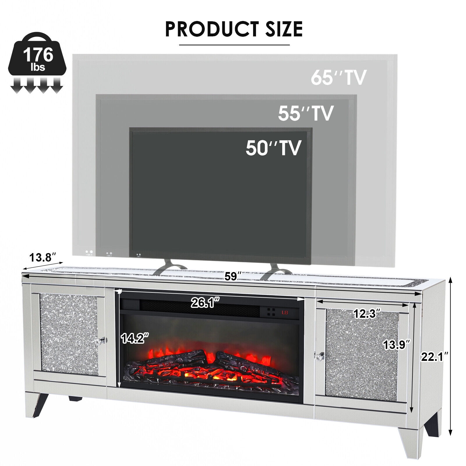COSVALVE 59" Modern Silver LED TV Stand Electric Mirrored Fireplace Crushed Diamond Entertainment Center Cabinet for 65 Inch TVs Living Room