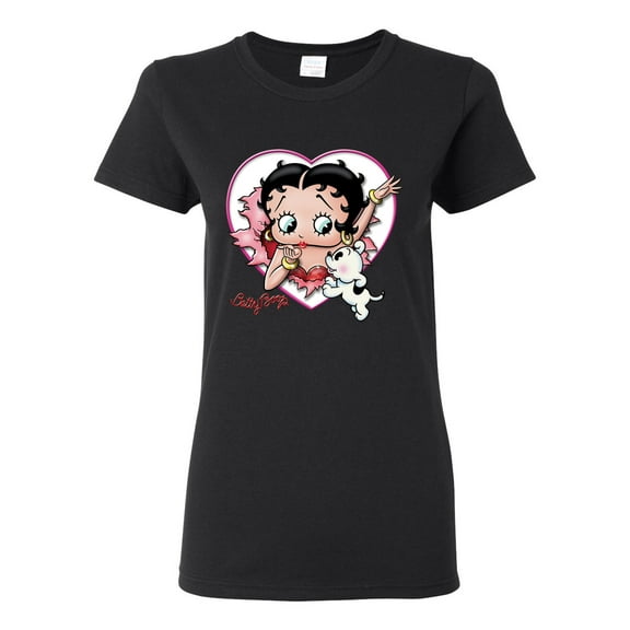 Wild Bobby Betty Boop Heart Blowing Kiss Dog Betty Boop Womens T-Shirt, Black, Small