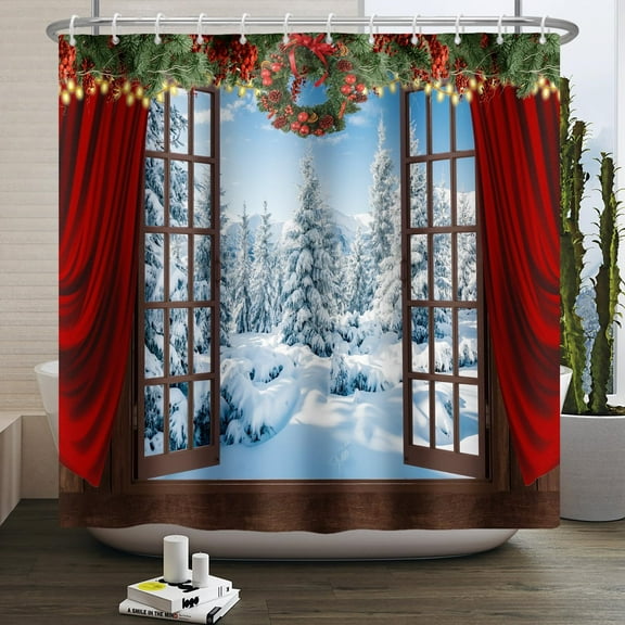 Christmas Shower Curtain Winter Snowy Forest Wood Window Xmas Holiday Bathroom Shower Curtain Set Waterproof Polyester Fabric with Hooks 72Wx72H Inch