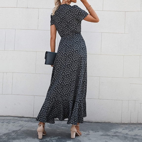 Vedolay 2023 Casual Dresses Women's V-Neck Pattern Pocket Maxi Long Dress,White S