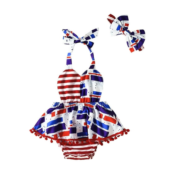 Baby Girl 4th of July Ruffled Romper American Flag Bodysuit Jumpsuit with Headband Independecen Day Outfit Set