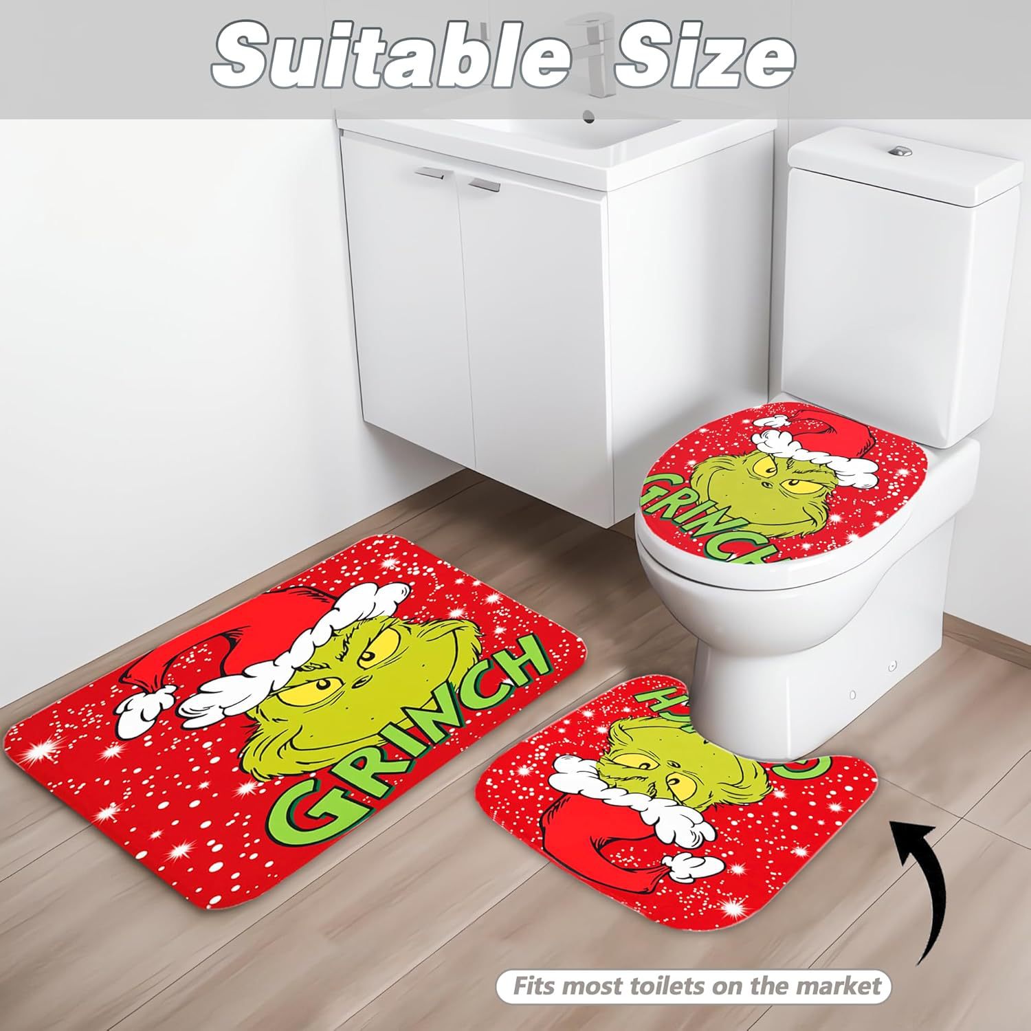 PONGUI 4 Pcs Christmas Bathroom Set, Christmas Shower Curtain Sets, Shower Curtain Non-Slip Rugs Toilet Lid Cover and Bath Mat Set, Christmas Holiday Bathroom Decor, 72x72 Inches, with 12 Hooks