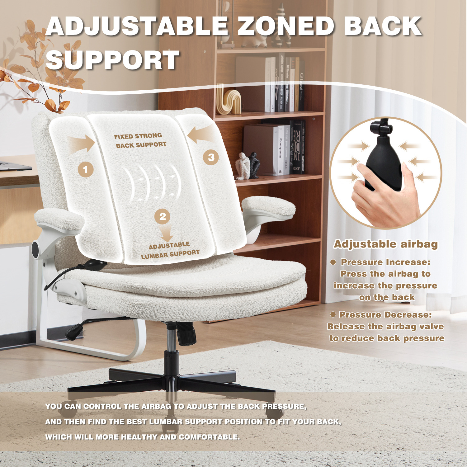 Wide Criss Cross Chair with Flip Up Back Cushion and Arms, Ergonomic Cross Legged Office Chair with Dynamic Lumbar Support, Upholstered Swivel Rolling Vanity Chair for Customized Comfort