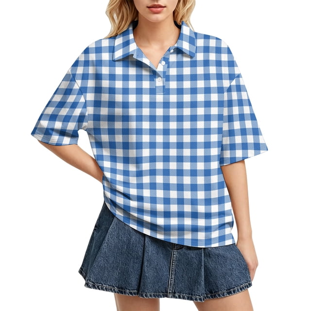 Sewkxo Polo à Manches Courtes pour Femmes, Col Oversize, T-Shirt à Enfiler Y2k, Décontracté, Ample, Mode Urbaine, Chandail de Rugby, Bleu P