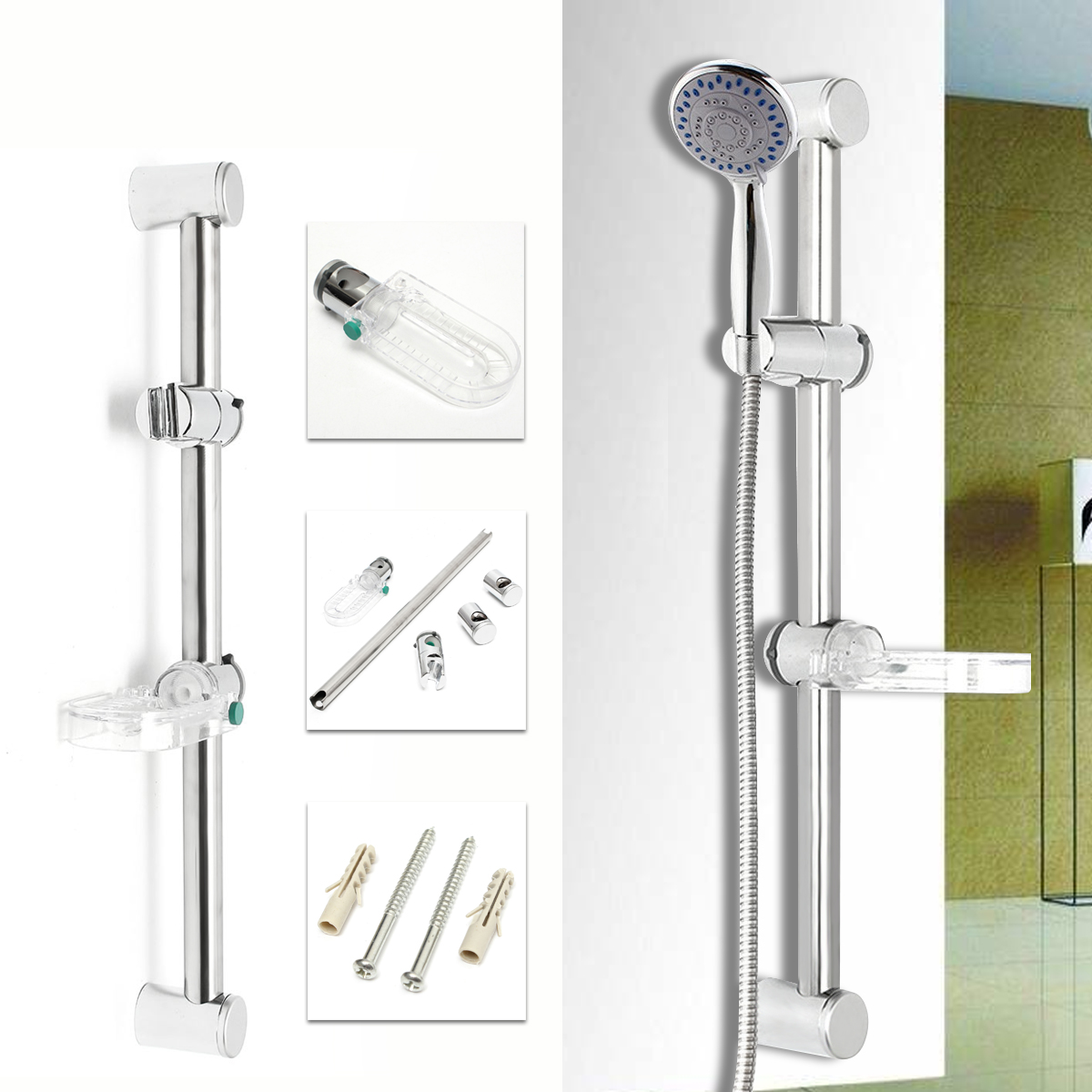Chrome Shower Head Rail Riser Slide Adjustable Brackets Soap Holder