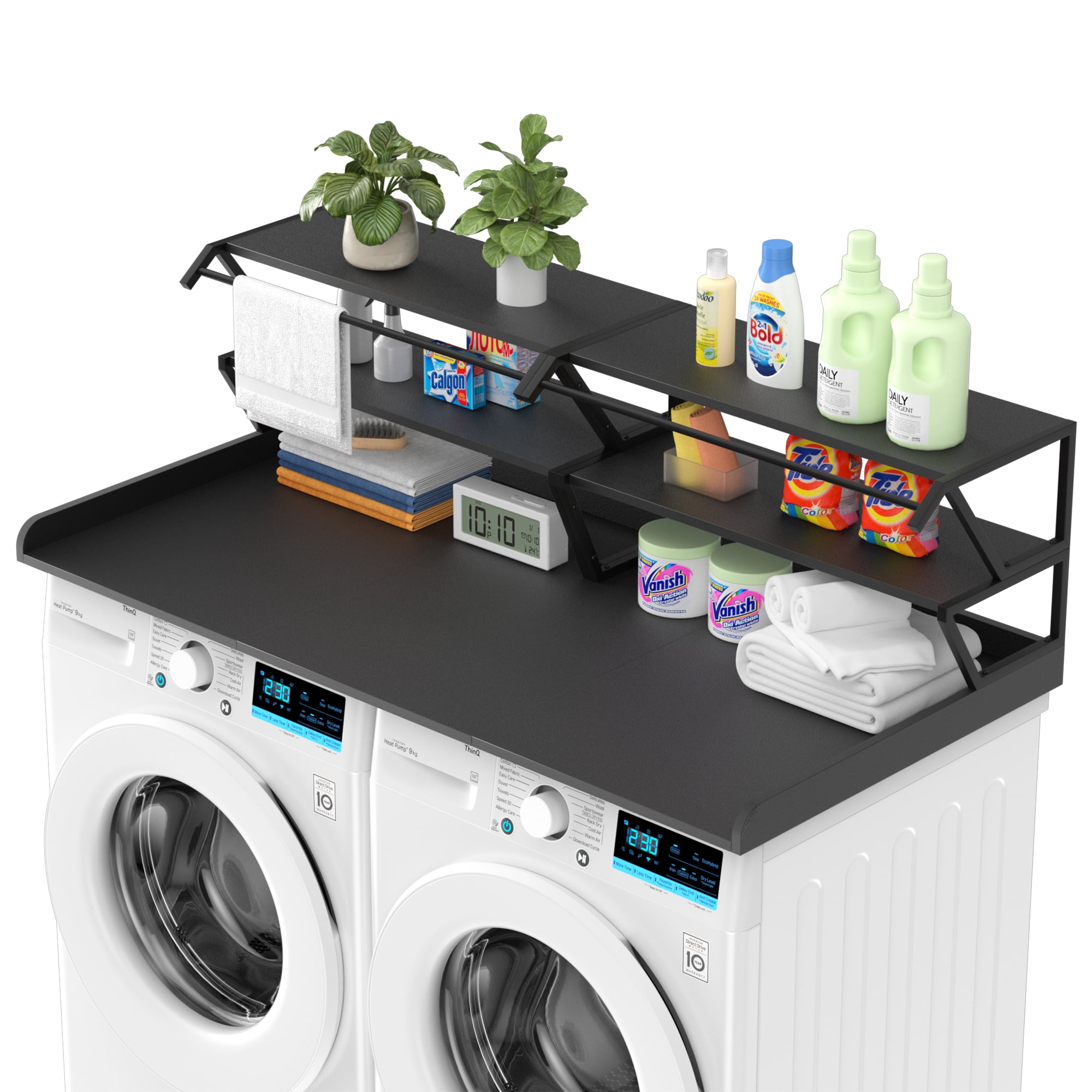 Advwin 54" Washer Dryer Countertop with Hanging Rod & Storage Shelves, Laundry Room Countertop Set, Washer and Dryer Topper with Anti-Slip Pads, Black