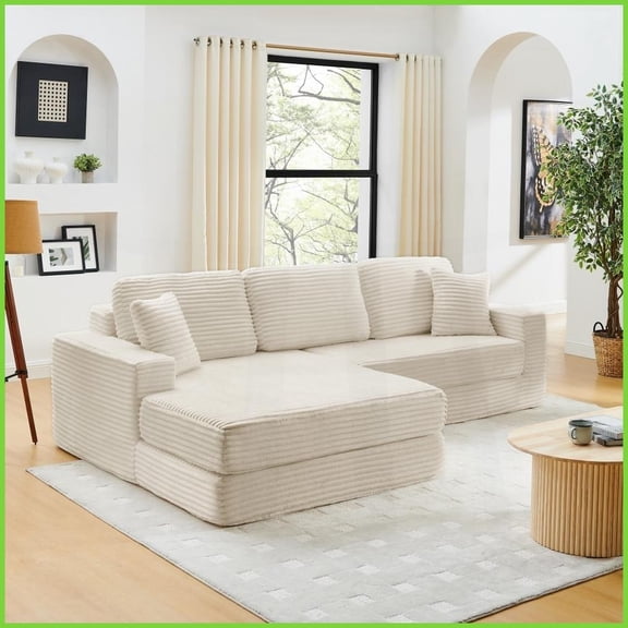 Modern Minimalist Corduroy Sectional Sofa, 111'' L-Shaped Modular Couch with Convertible Bed, Beige - for Living Room Bedroom