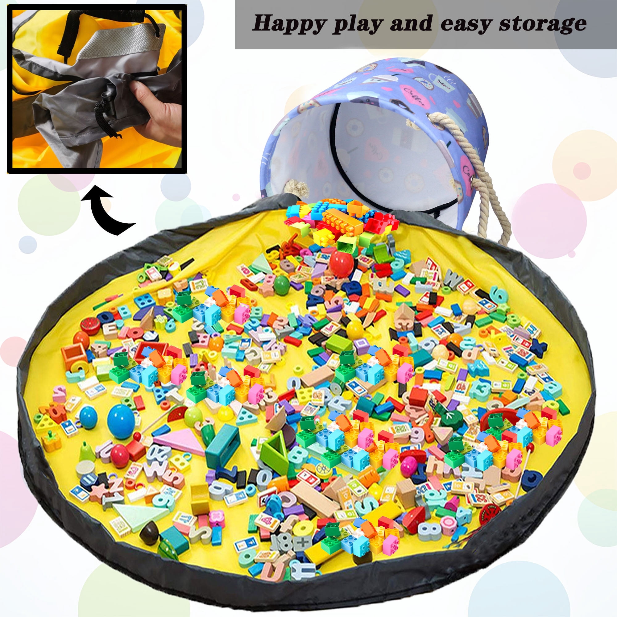 NIETEIN Kids Toy Storage Basket with Play Mat for Building Bricks Collapsible Canvas Organizer Bag (Love Donuts)