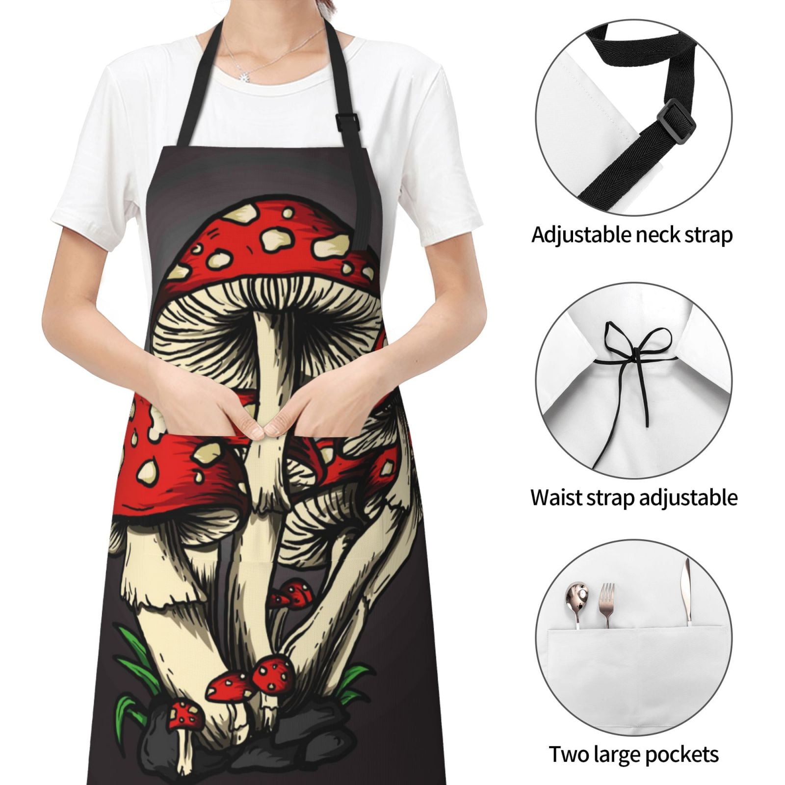 Kdxio Red Mushrooms Apron with Pockets Adjustable Kitchen Aprons for Men Women Waterproof Aprons for Cooking,Drawing,Crafting, Baking Household Cleaning