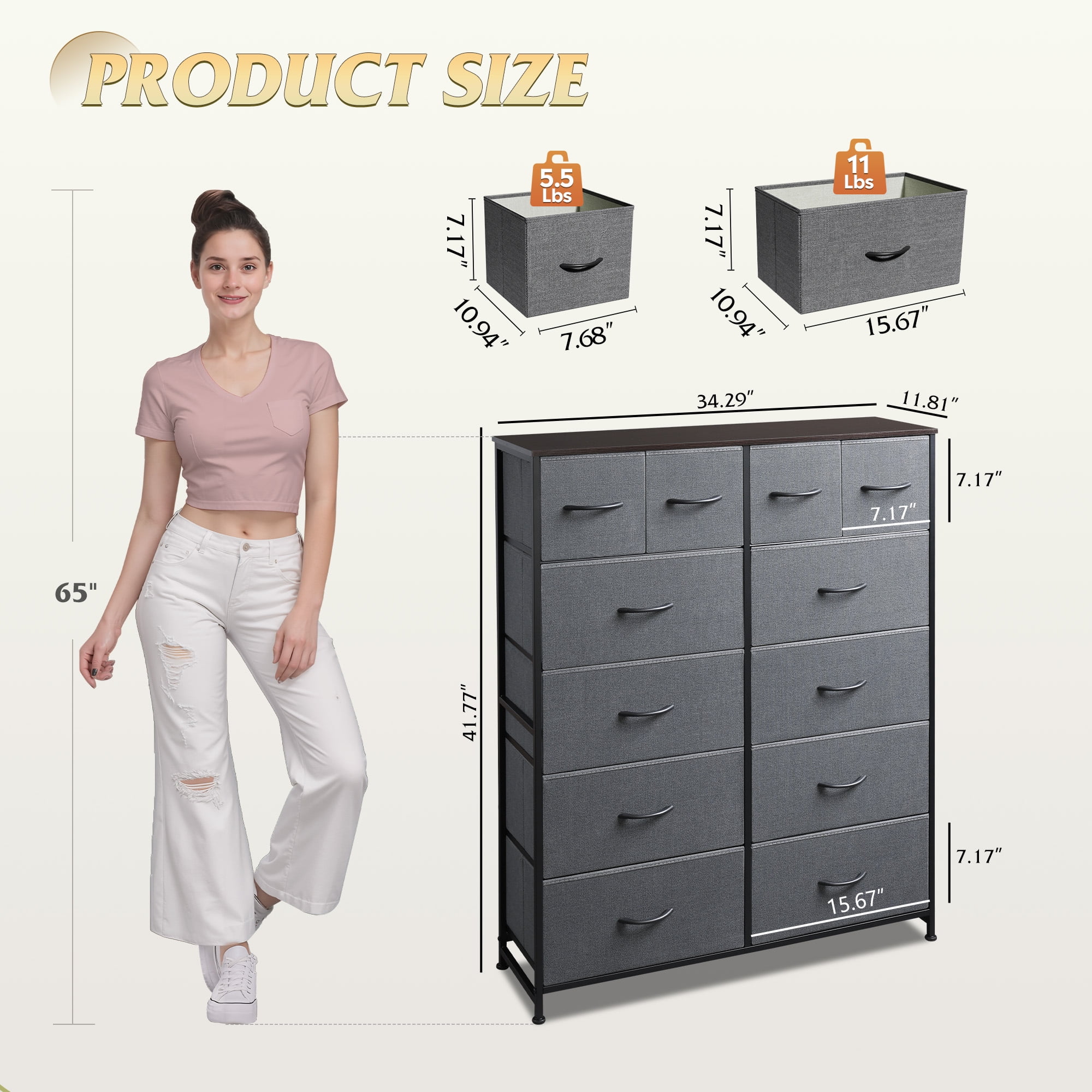 GALAXHERO 12-Drawer Tall Fabric Dresser with Wood Top and Steel Frame, Storage Chest of Drawers for Bedroom, Closet, Dark Grey