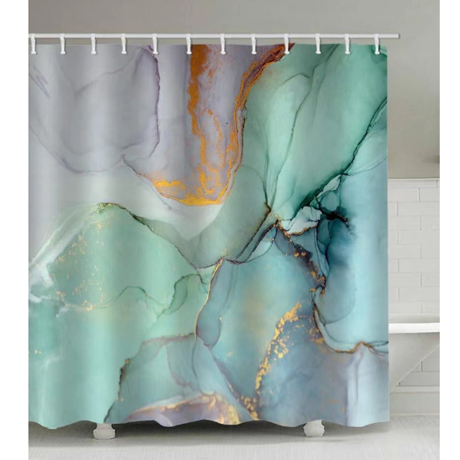 Jade Ink wash painting Shower Curtain Set Green Fabric Shower