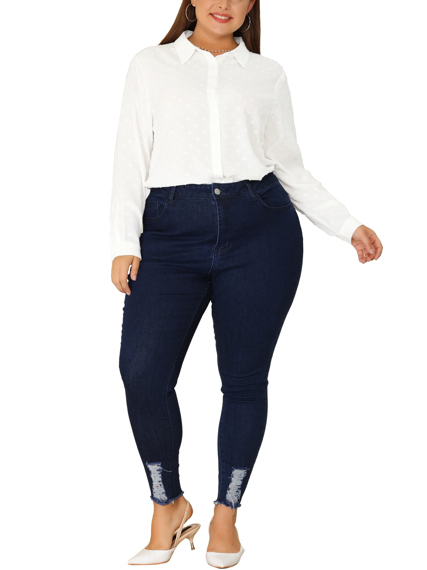 DARING DIVA Women's Plus Swiss Dots Button Down Collar Long Sleeve Tops 1X White