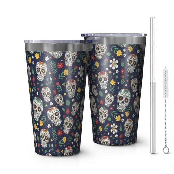 16oz Tumblers Navy Floral Skull Pattern Stainless Steel Vacuum Insulated Double Wall Travel Tumbler Cups Mug with Lid and Straw,Cleaning Brush for Coffee,Tea