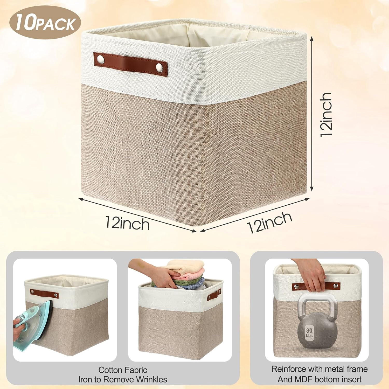 10 Pcs Collapsible Storage Bins Fabric Foldable Storage Basket with Handles Cloth Basket Organizer Linen Shelf Baskets for Shelves Home Closet Nursery Toys (Beige and White,12 x 12 x 12 Inch)