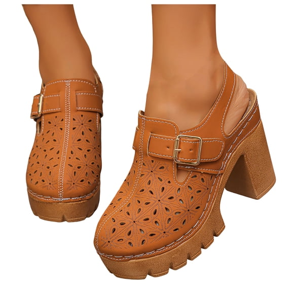 Womens Sandals Summer Casual Hollow out Platform Slingback Heels Closed Toe Splice Leather Hook and Loop Lug Sole Wedding Party Dress Shoes Brown Size 8