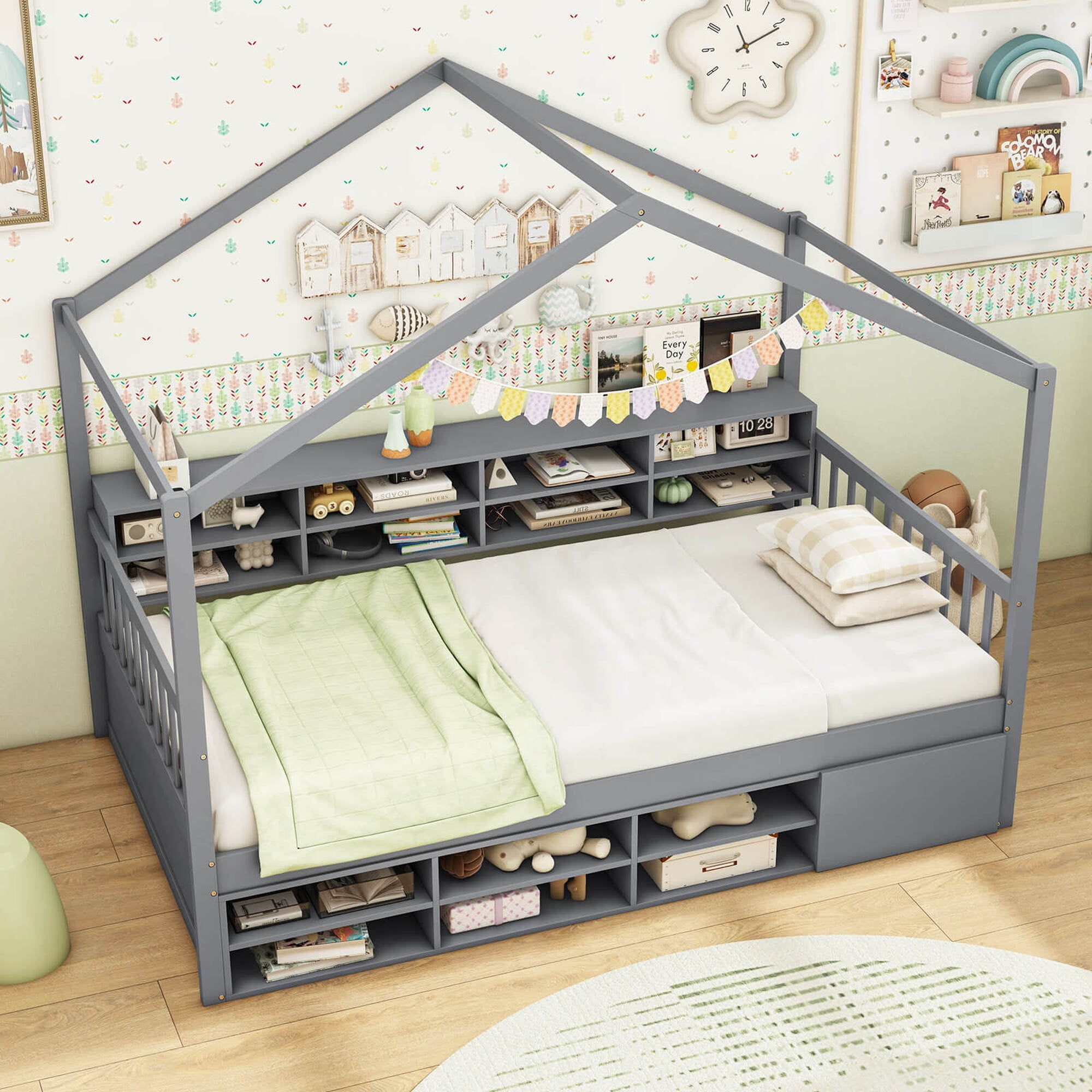 Costway Twin Size House Bed Wooden Platform Bed Frame with Roof & 14 Storage Cubes Gray