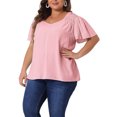 thumbnail image 4 of Agnes Orinda Women's Plus Size Casual Tops Ruffle Sleeve Smocked Shoulder V Neck Summer Chiffon Blouse 1X Pink, 4 of 5
