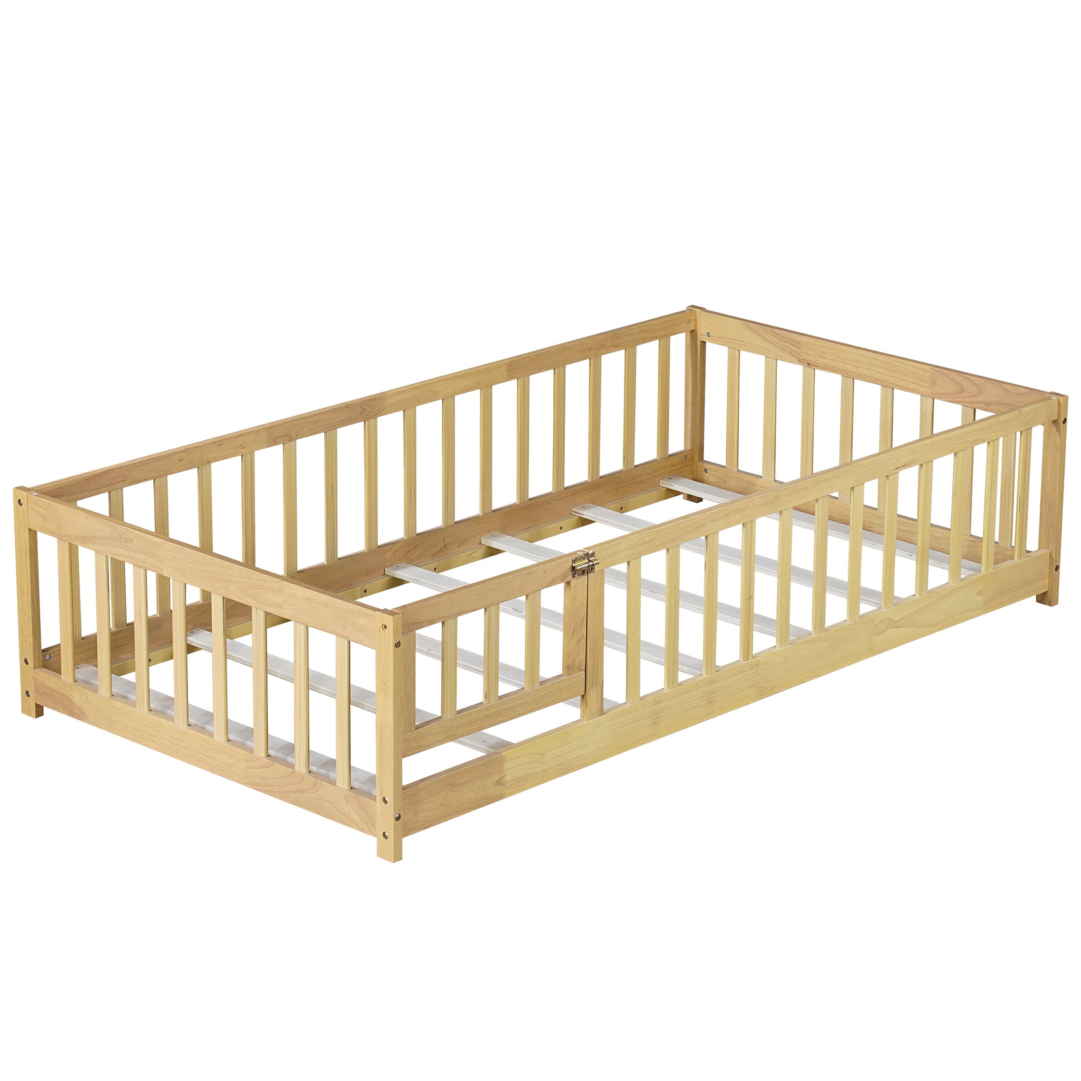 Sesslife Twin Size Floor Bed with Door and Fence, Wood Floor Platform Bed with Slats, Toddler Bed for Kids Boys Girls, Montessori Bed, No Box Spring Needed, Natural