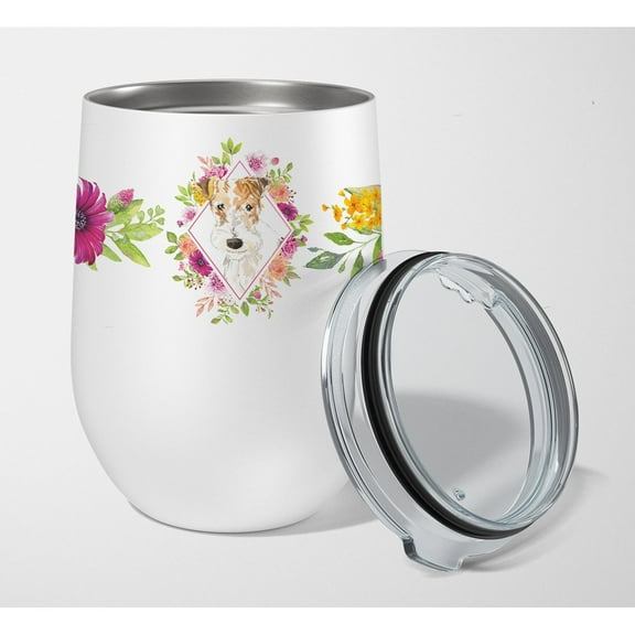 Carolines Treasures CK4199TBL12 Fox Terrier Pink Flowers Stainless Steel 12 oz Stemless Wine Glass 12 oz multicolor