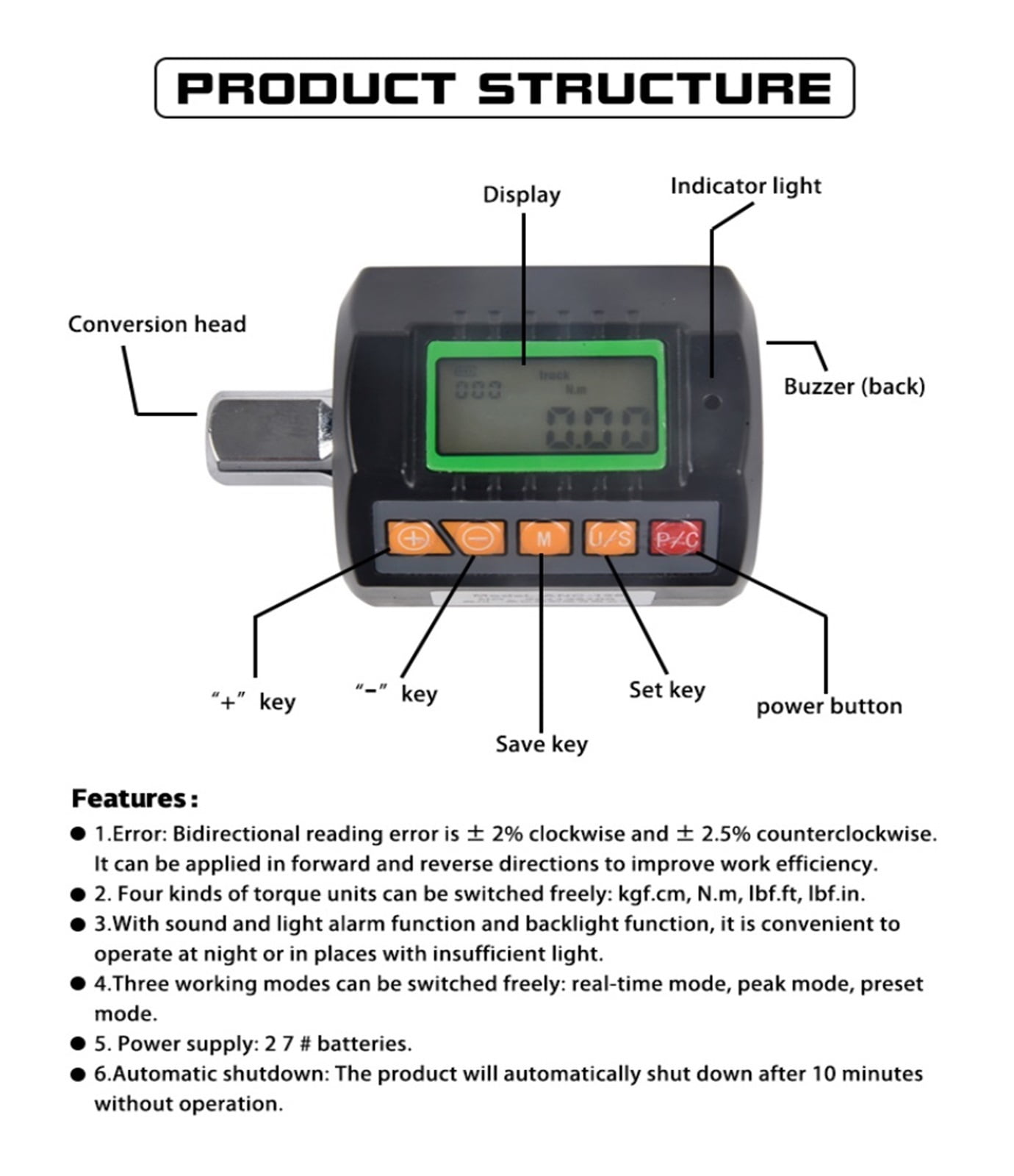 Electronic Torque Wrench Bike Car Repair Digital Torque Wrench 1/2" 2- 200Nm Adjustable ,Precision & Robust