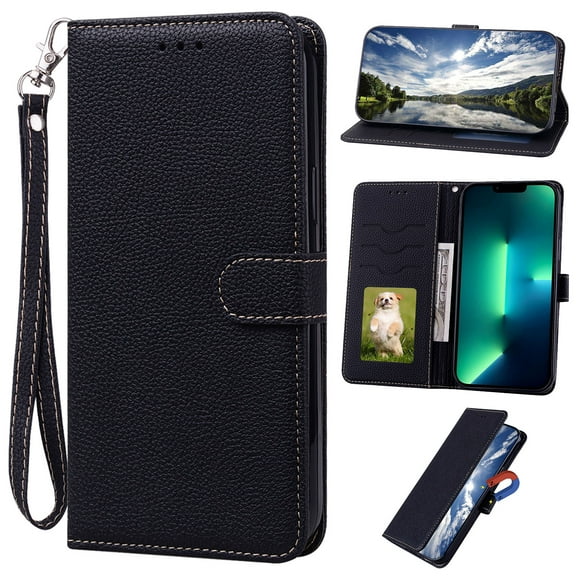 for Samsung Galaxy A32 5G 6.5 Inch Wallet Case, Lychee Pattern TPU PU Leather Magnetic Closure with Flip Kickstand Function, Credit Card Slots Holder Wrist Strap Cover for Galaxy A32 5G,Black