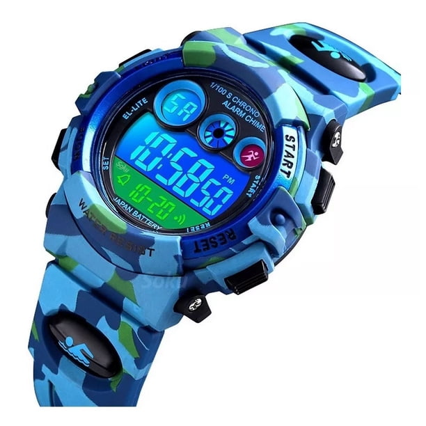 Reloj Niños Deportivo Luminoso Impermeable Camuflaje Militar Color de la correa Azul Celeste