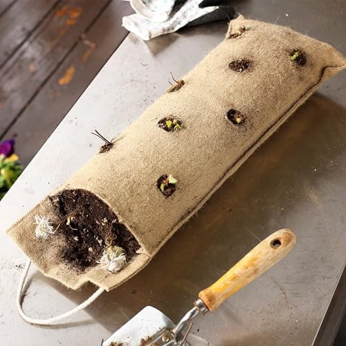 HANG & GROW Burlap Hanging Planter Bags for Outdoor Plants, Vertical Flower Hanging Bag for Easy Outside Garden Decoration, Reusable for Flowers, Strawberry, Vegetables and Herbs, (2 Bags, 8 Holes)