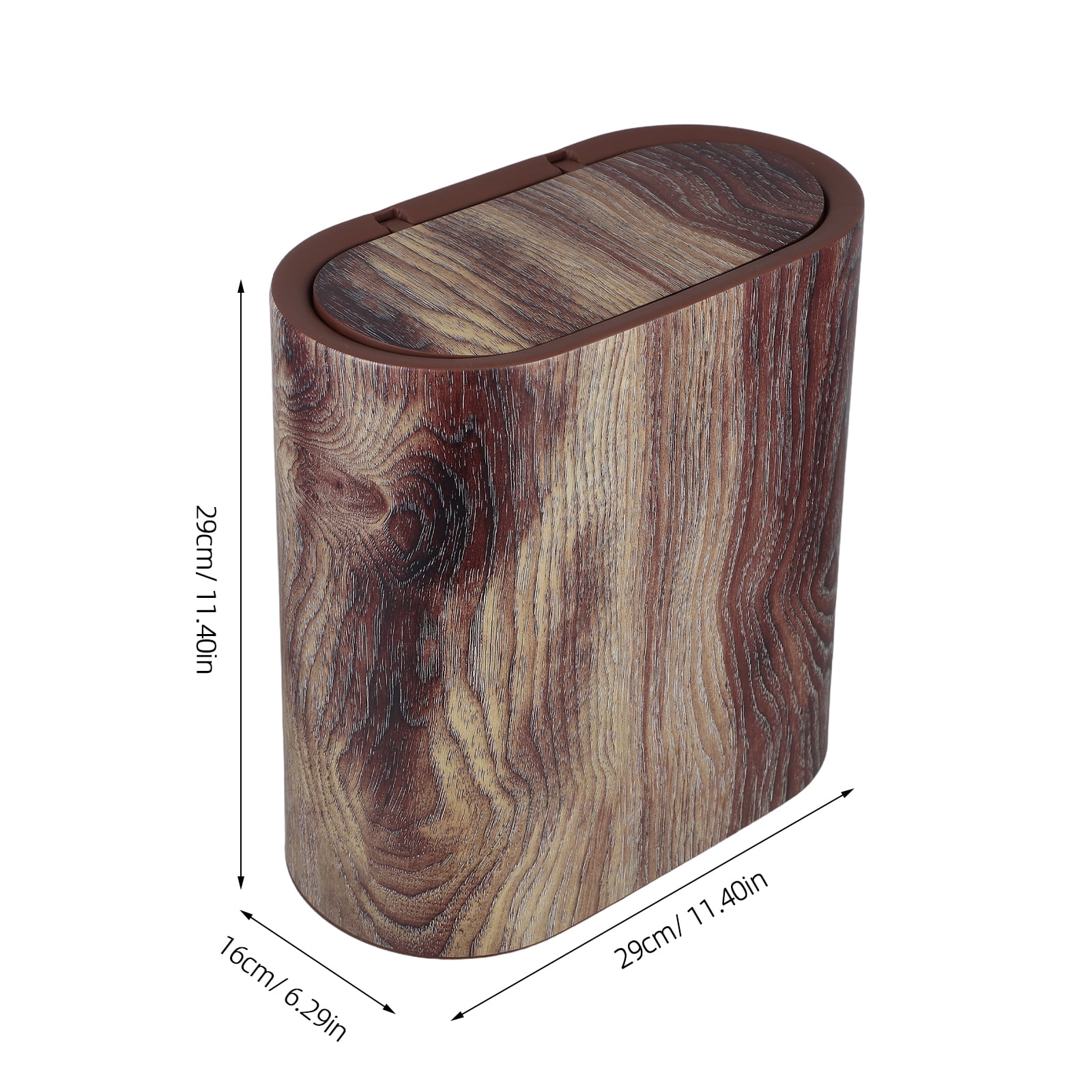 Space Saving Wood Grain Plastic Trash Can With Lid For Bathroom Kitchen Living Room And Office Compact Waste Container For Small Spaces