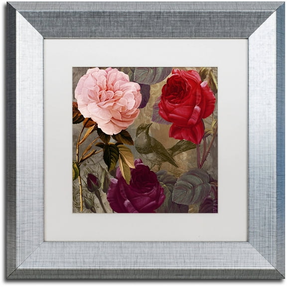 Trademark Fine Art "Birds and Roses" Canvas Art by Color Bakery White Matte, Silver Frame