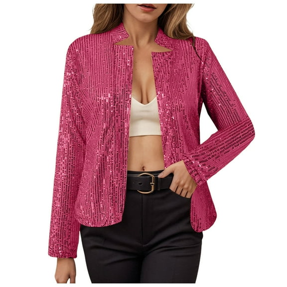 adviicd Women’s Sequin Jackets Long Sleeve Open Front Coat Glitter Short Blazer Casual Coat Party Club Hot Pink, XL
