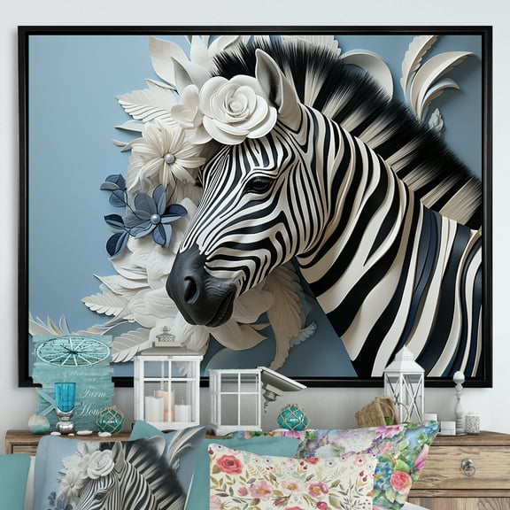 Designart "Zebra Color Pop In Black And Blue III" Animals Zebra Floater Framed Wall Art Living Room