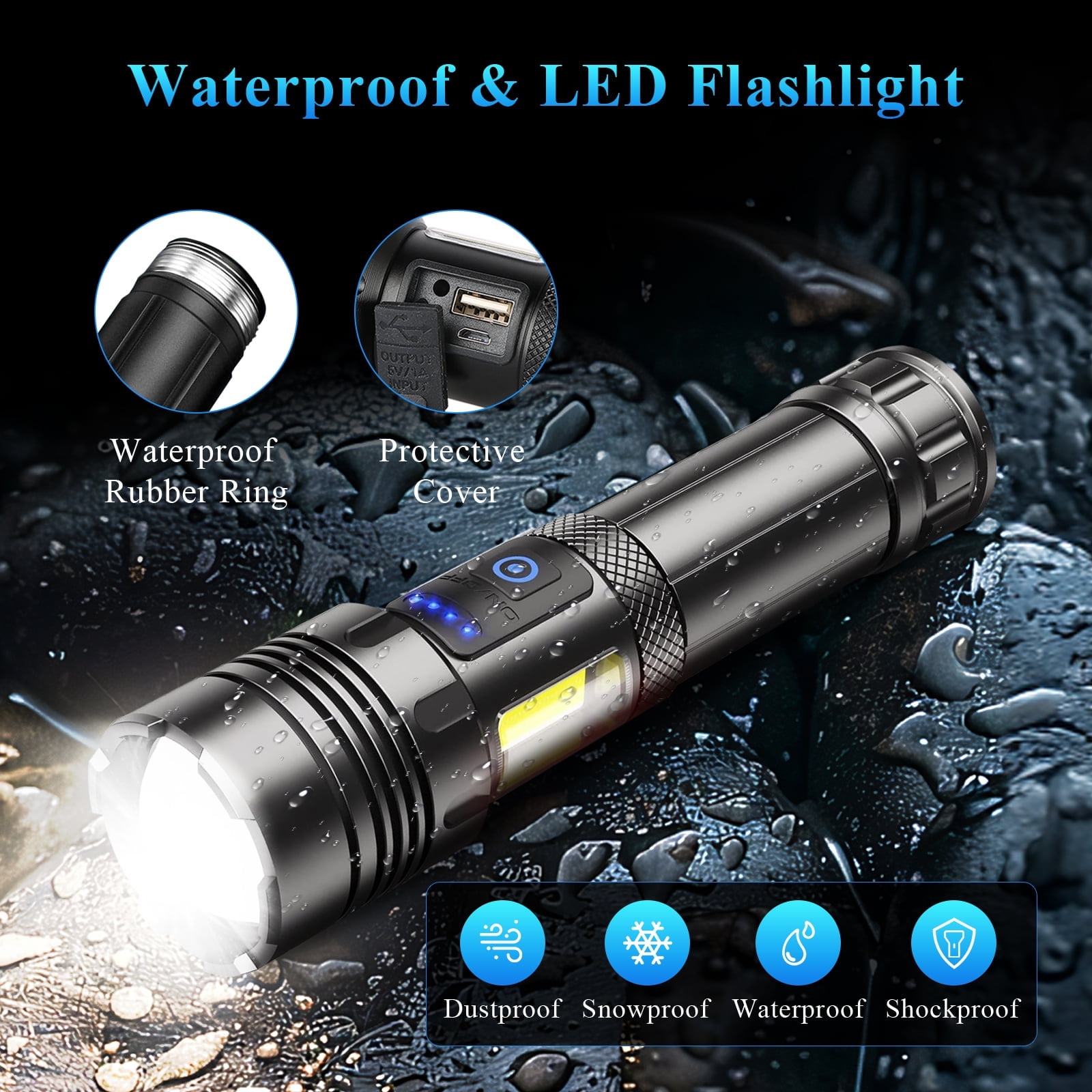 AMBLER LED Flashlights, 90000 Lumens Zoomable 7 Modes Rechargeable Flash Light for Outdoor Home Hiking Camping Essentials, 2 Pack