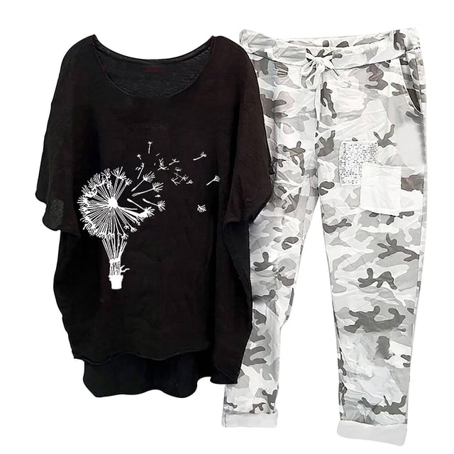 Mikilon Vêtements de Détente Confortables pour Femmes Ensemble 2 Pcs Imprimé Décontracté Manches Moyennes Col Rond + Pantalon Noir-C L