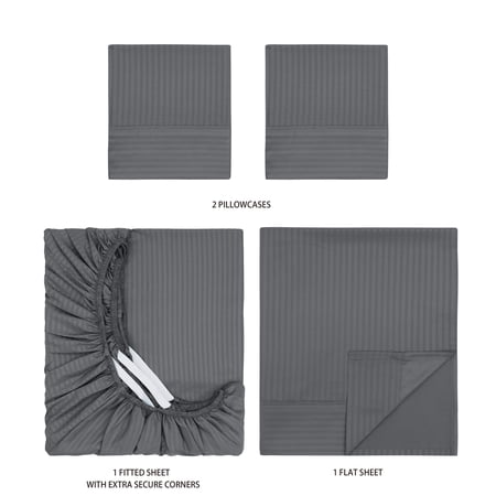 MAINSTAYS SUPER SOFT BRUSHED MICROFIBER BED SHEET SET, SOOTHING GRAY EMBOSSED STRIPE, QUEEN, 4 PIECE
