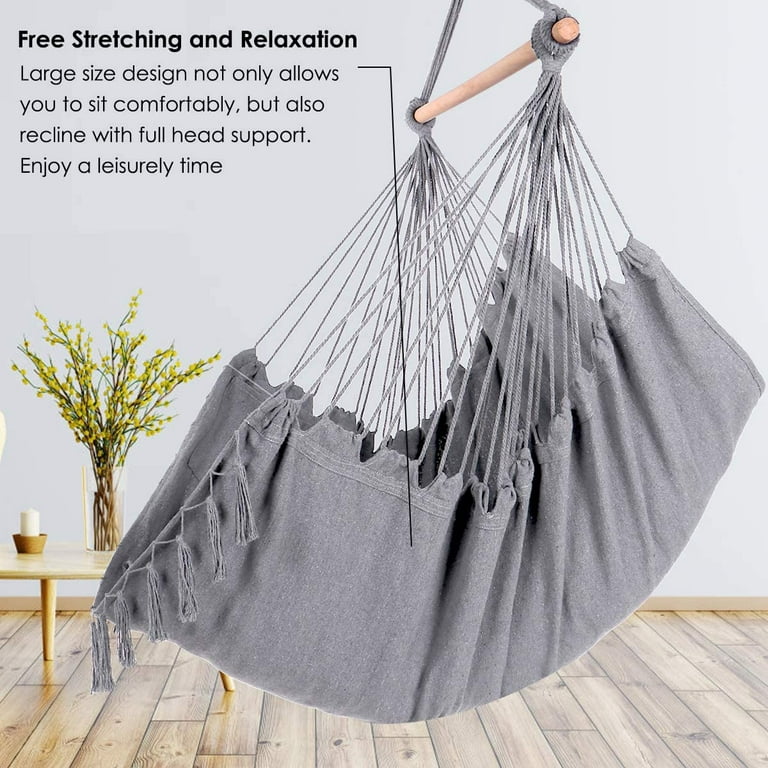 Hammock Chair Hanging Rope Swing with Foot Rest Support - Max 500 Lbs (Grey)