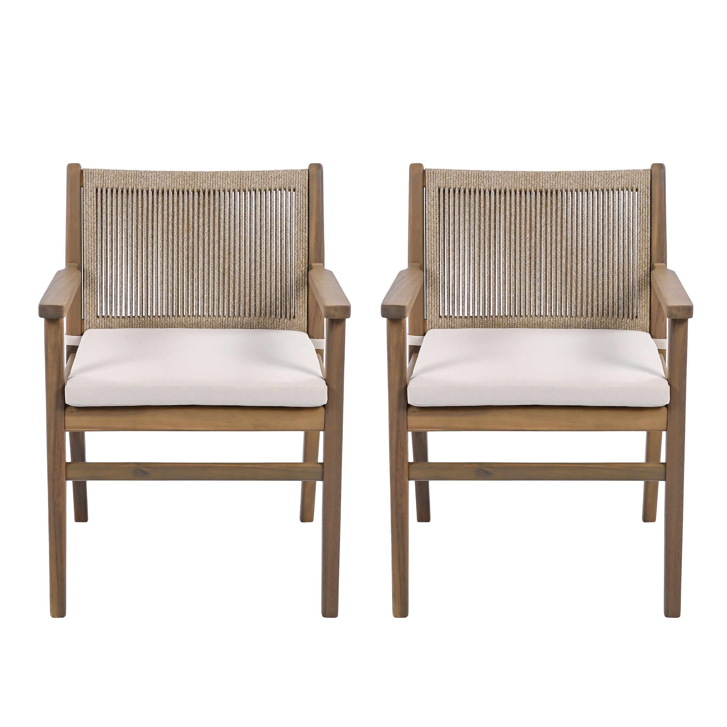 Outdoor Dining Chairs Set of 2, Acacia Wood Patio Armchair with Rope Design Back for Garden, Light Brown