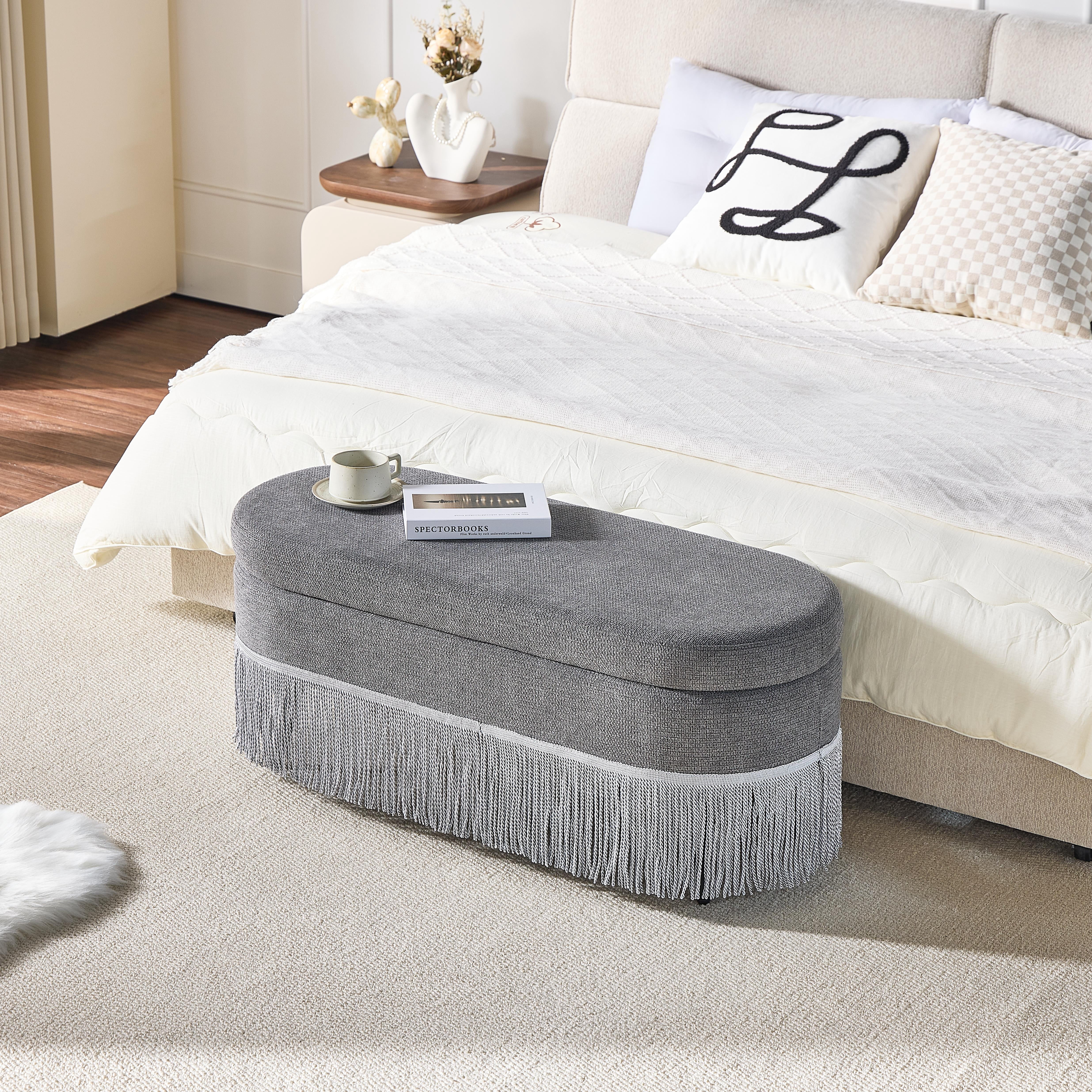 Oval Storage Ottoman with Fringe Trim & Lift-Top Lid, Multi-Functional Footrest Bench with Hidden Storage for Living Room or Bedroom, Space Saver, Grey