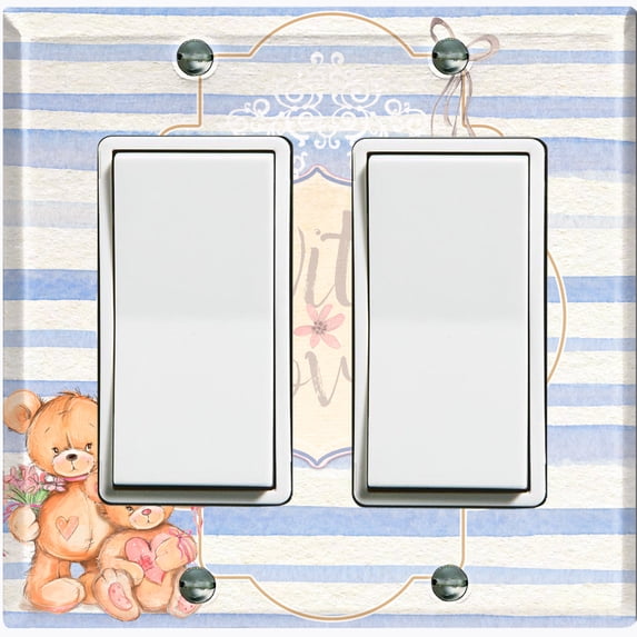 Metal Light Switch Wall Plate Outlet Cover (2 Teddy Bears With Love Heart Balloon Flower Blue Stripes - Double Rocker)