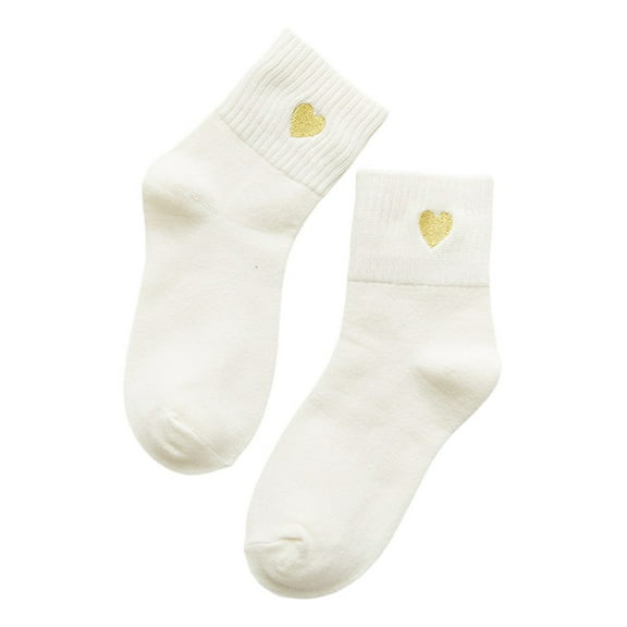 Compression Socks for Women, Women Fashion Solid Gold Love Short Socks Embroidered Cotton Socks Mid Calf Socks, Socks(White,One Size)