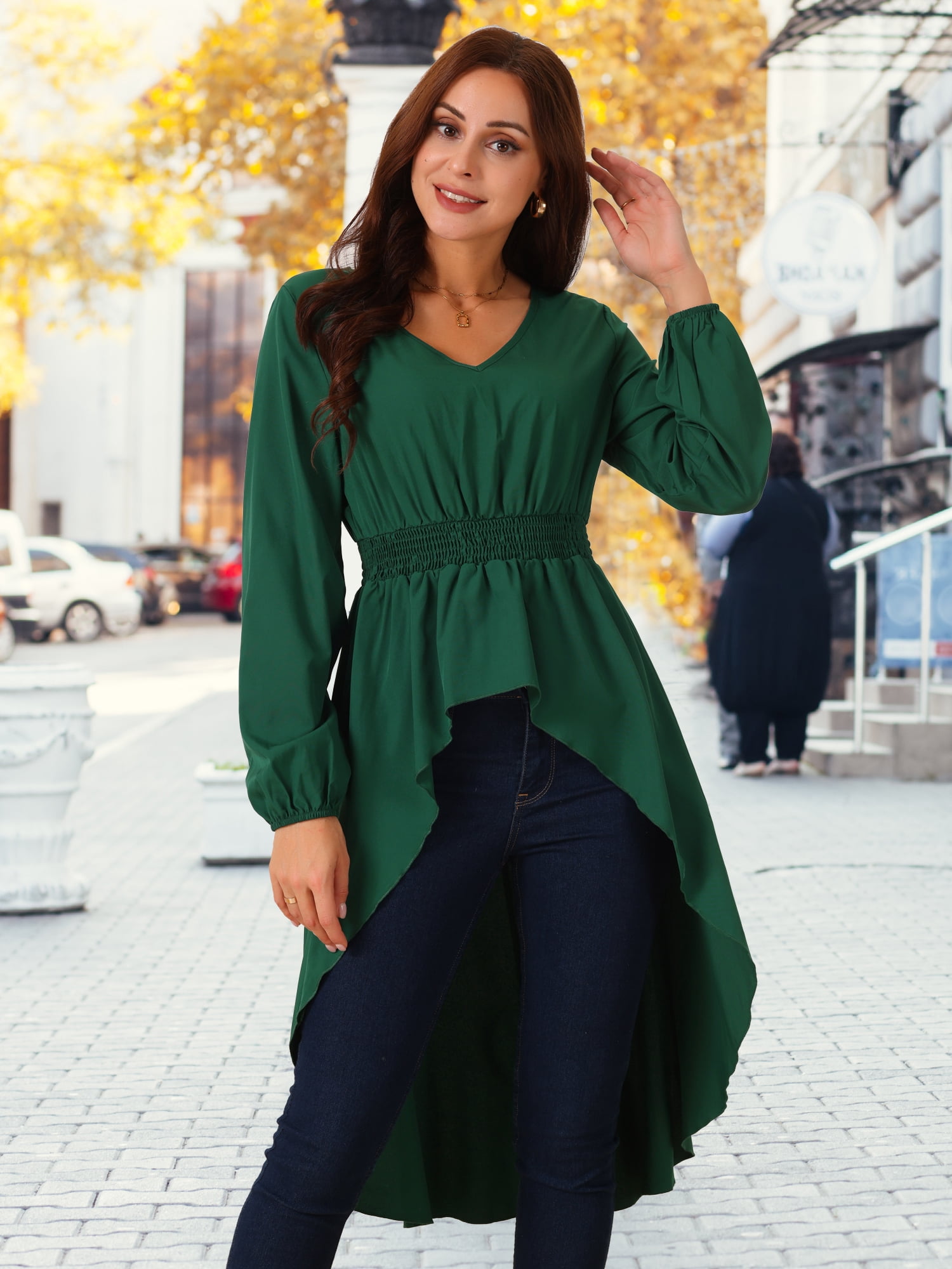 DARING DIVA Women's High Low V Neck Long Sleeve Dressy Blouses XL Green