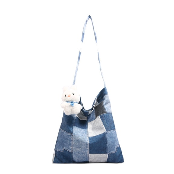 Checkered Patchwork Canvas Handbag Spacious Shoulder Bag Large Capacity Underarm Bag for Office Commute and Daily Use