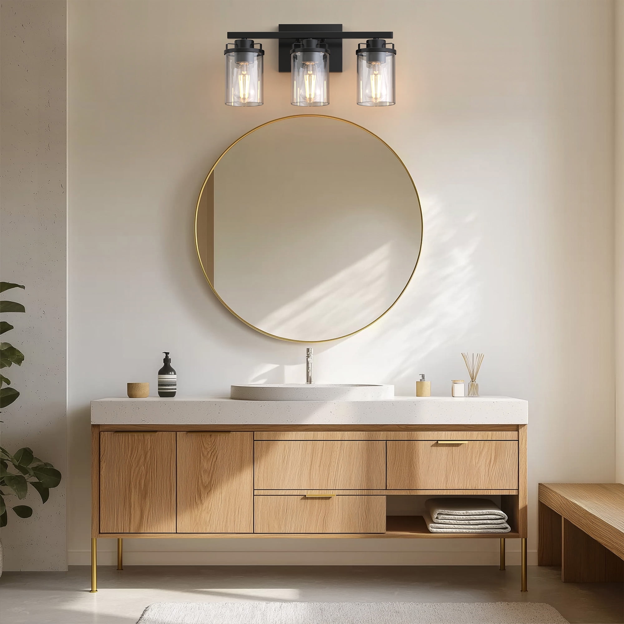 YANSUN  17.8 in 3-Light Black Vanity Light with Clear Glass Shades for Budget Bathrooms, Powder Room, Vanity Table